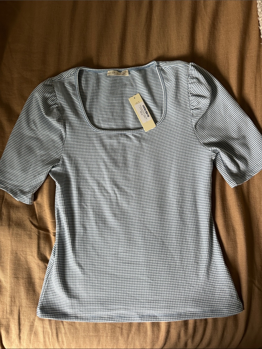 Doe and Rae Light Blue & White Square-Neck Short Sleeve Top